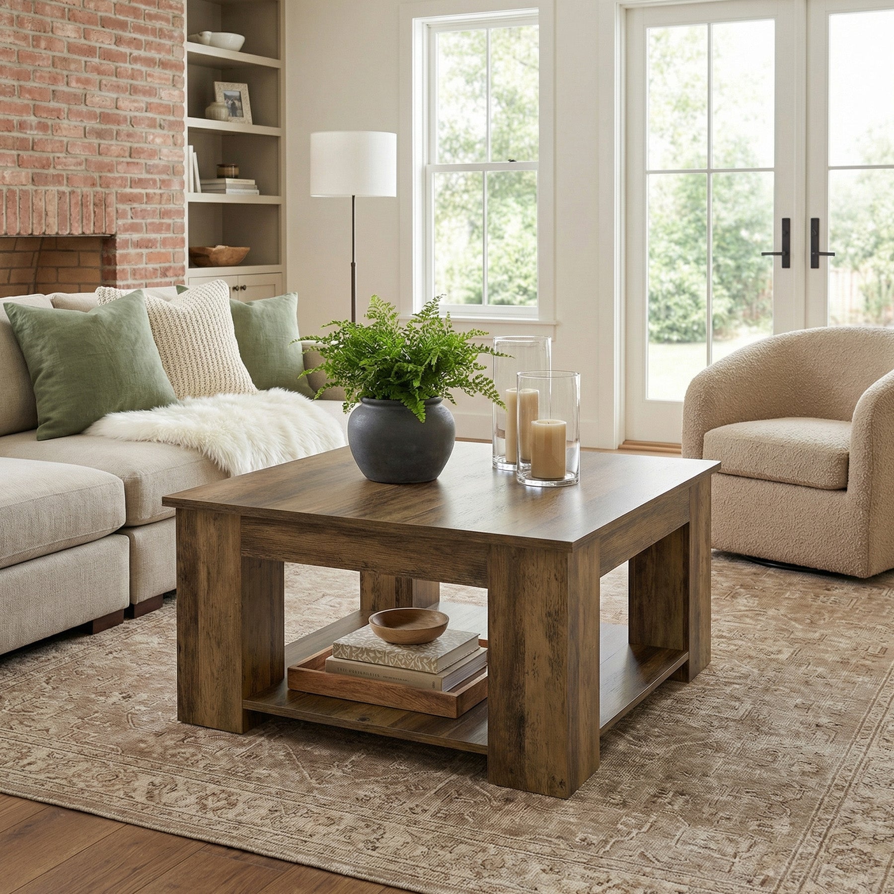 80cm Square Coffee Table, 2-Tier Center Table Cocktail Tea Furniture for Living Room