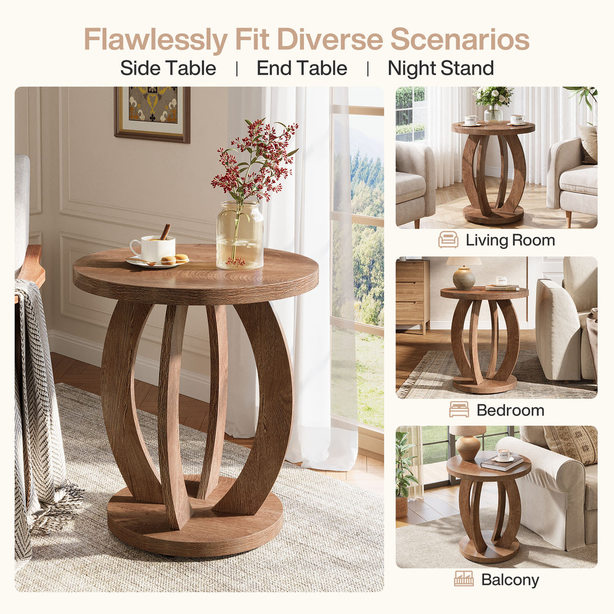 60cm Round End Table, Rustic Side Table with Storage for Living Room
