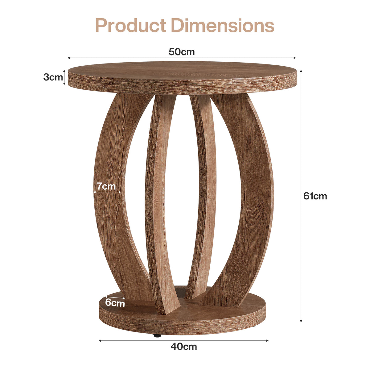 60cm Round End Table, Rustic Side Table with Storage for Living Room