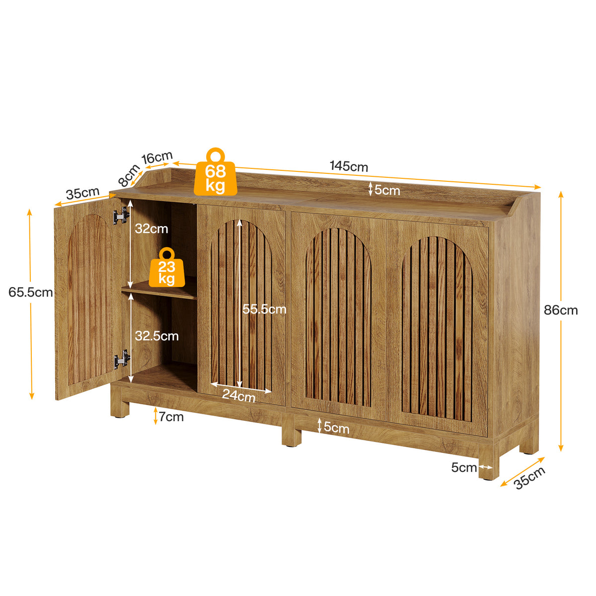 145cm Sideboard, Rustic Buffet Cabinet with Doors & Shelves