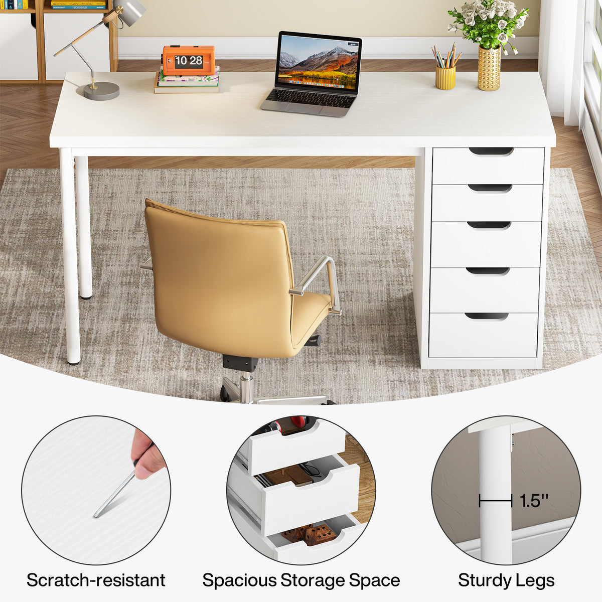 120cm Computer Desk, 5-Drawer Modern Study Table Writing Desk