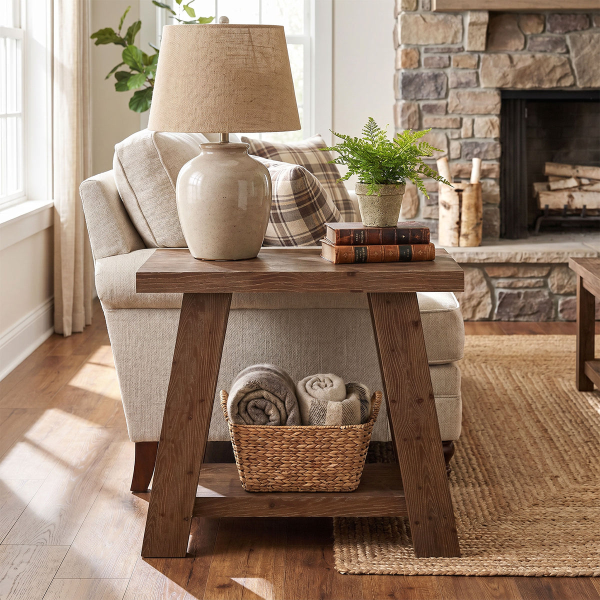 70cm Side Table, Solid Wood 2-Tier Nightstand with Storage for Living Room Bedroom