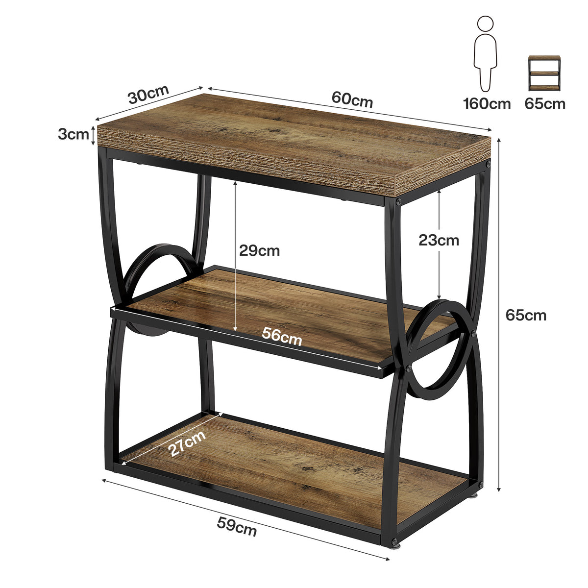 60cm Narrow Side Table, 3-Tier Slim Bedside Table for Small Spaces