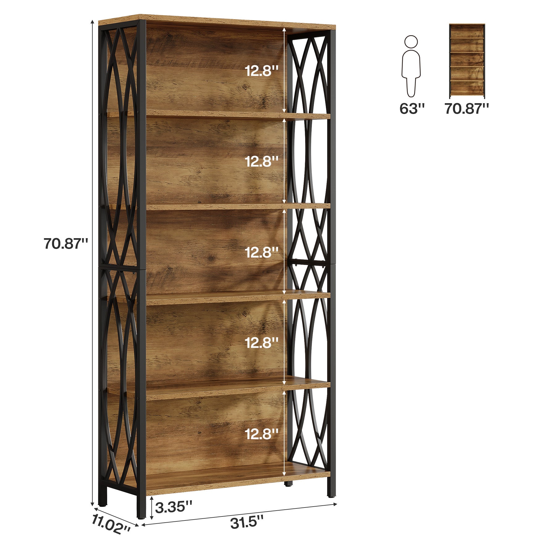 6-Tier Bookshelf, 70.87" Industrial Bookcase with Geometric Metal Frame