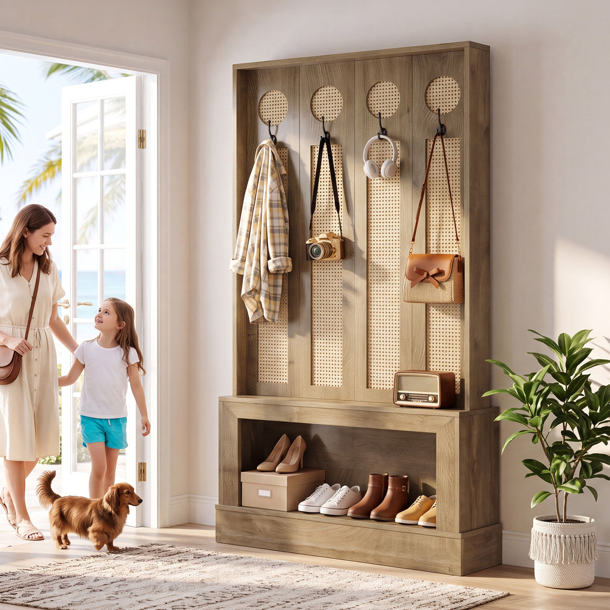 177cm Wall Room Divider, Rattan Partition with LED Light, Shelves & 4 Hooks for Living Room