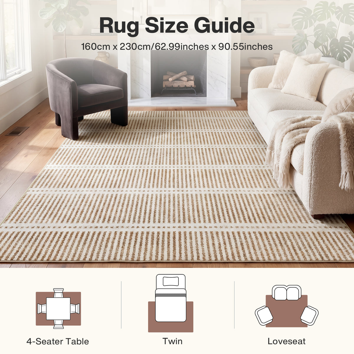 Tribesigns Ultra-Thin Washable Rugs 160 x 230/200 x 300 cm, Non-Slip Striped Country-Style Rugs for the Living Room and Bedroom, OEKO-TEX Certified