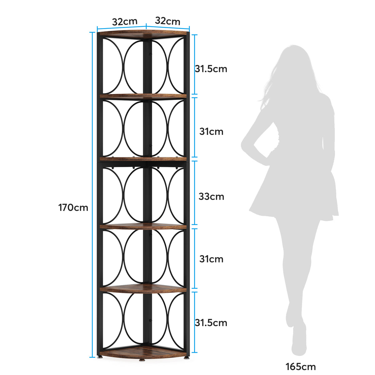 170cm Tall 6-Tier Corner Shelf, Rustic Wood Bookshelf Storage Rack for Living Room Small Space