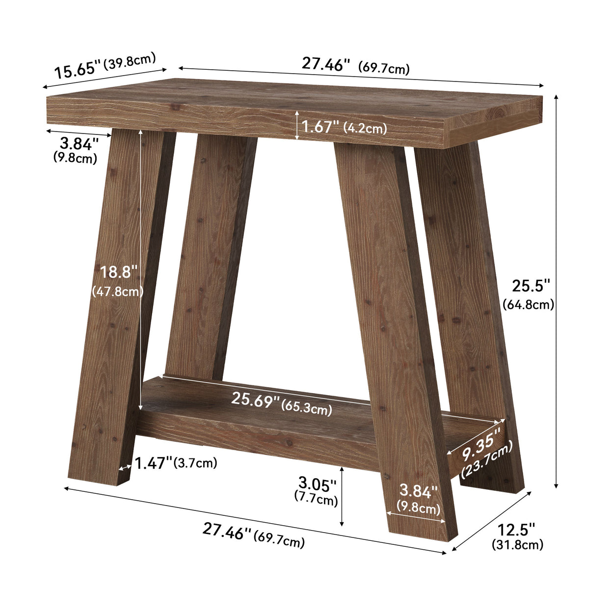 70cm Side Table, Solid Wood 2-Tier Nightstand with Storage for Living Room Bedroom