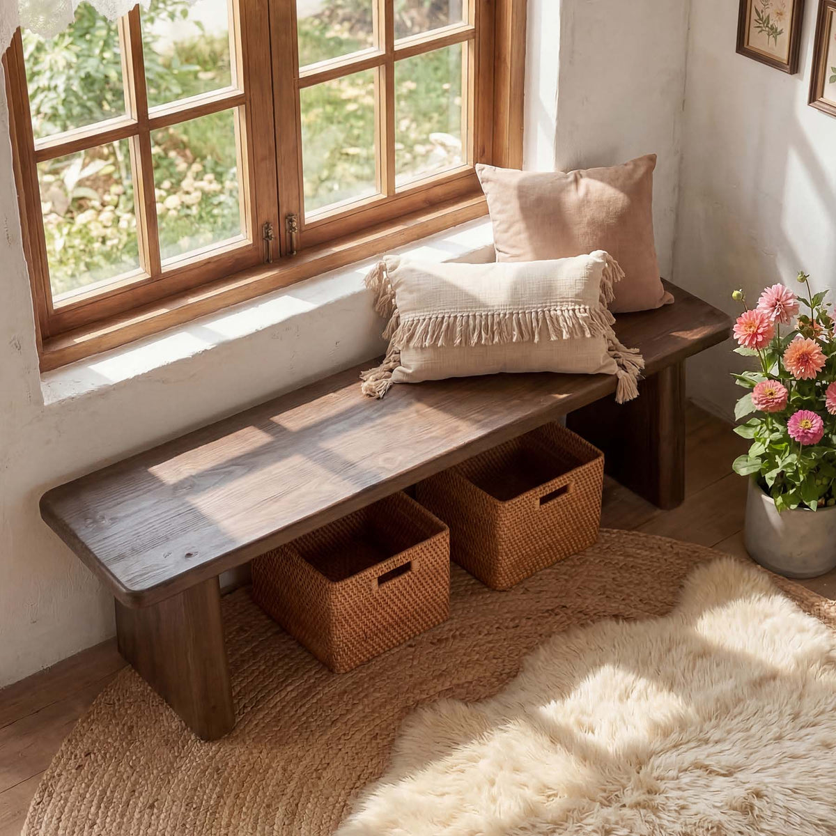 140cm Entryway Bench, Solid Wood End of Bed & Dining Bench