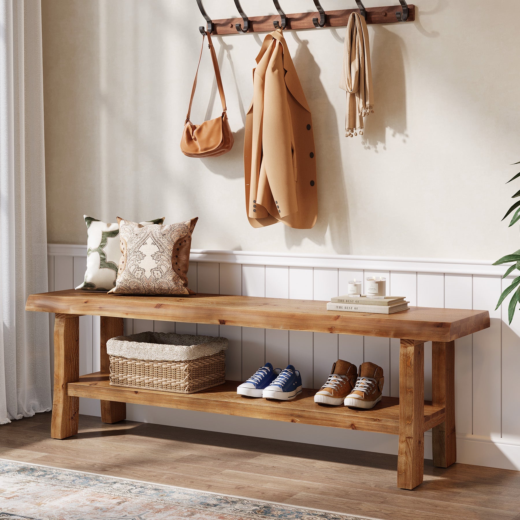 139.7cm Shoe Bench, Solid Wood Entryway Bench End of Bed Stool with Lower Shelf