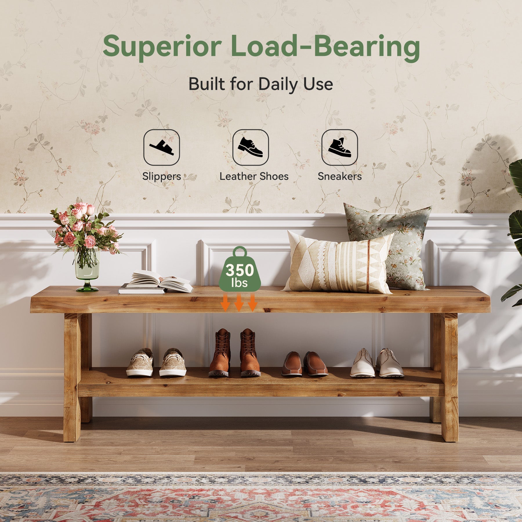 139.7cm Shoe Bench, Solid Wood Entryway Bench End of Bed Stool with Lower Shelf