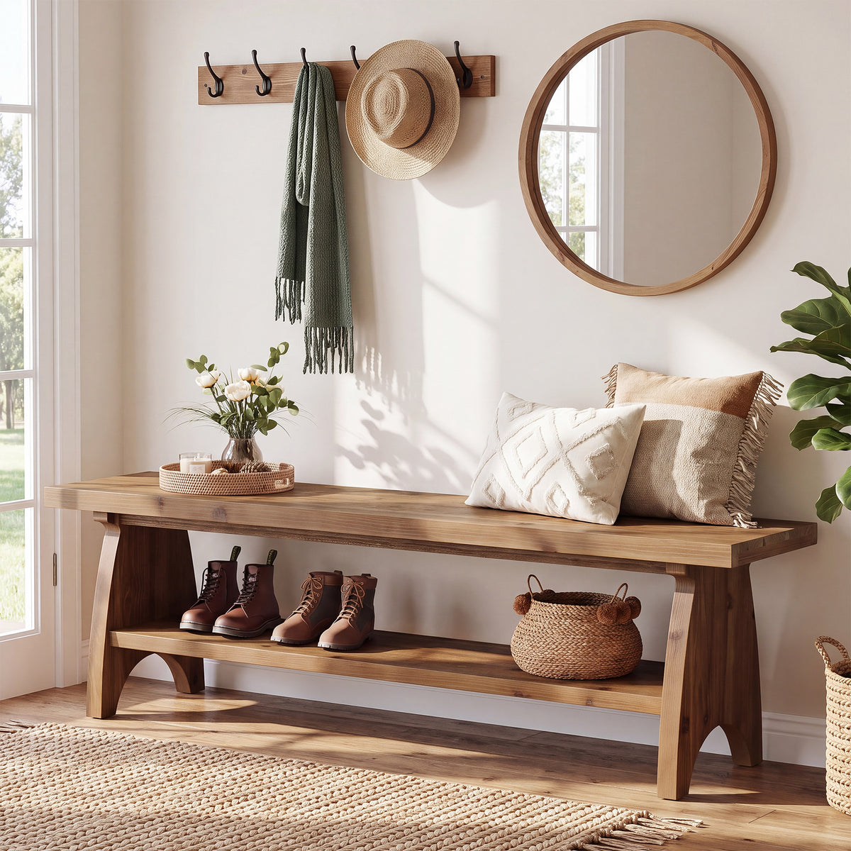 140cm Entryway Bench, Farmhouse Solid Wood with Shoe Storage & Open Shelf