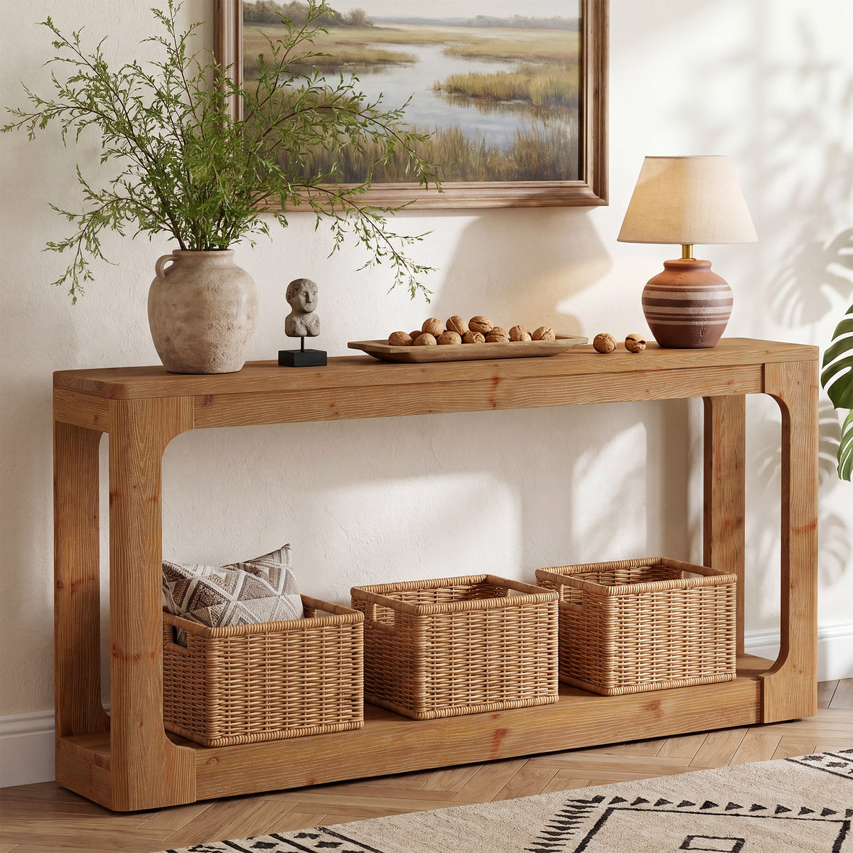 160cm Console Table, Rustic 2-Tier Solid Wood for Entryway Living Room