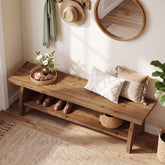 140cm Entryway Bench, Farmhouse Solid Wood with Shoe Storage & Open Shelf 3