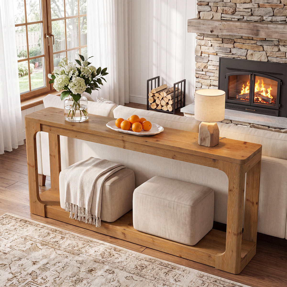 160cm Console Table, Rustic 2-Tier Solid Wood for Entryway Living Room
