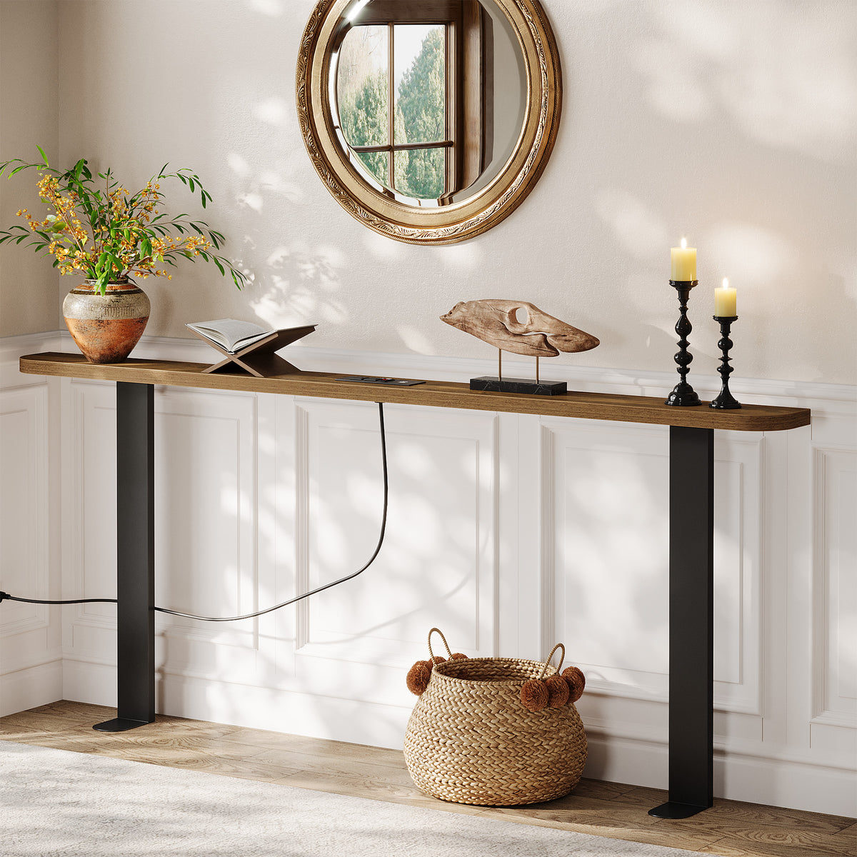 180cm Console Table, Skinny Behind Couch Sofa Table with Power Outlets for Living Room