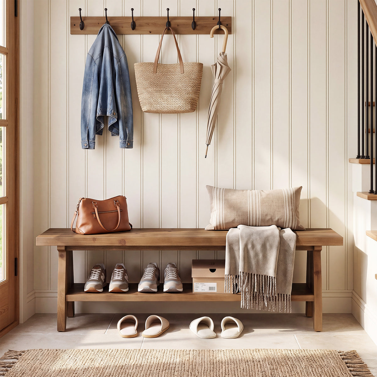 140cm Entryway Bench, Farmhouse Solid Wood with Shoe Storage & Open Shelf