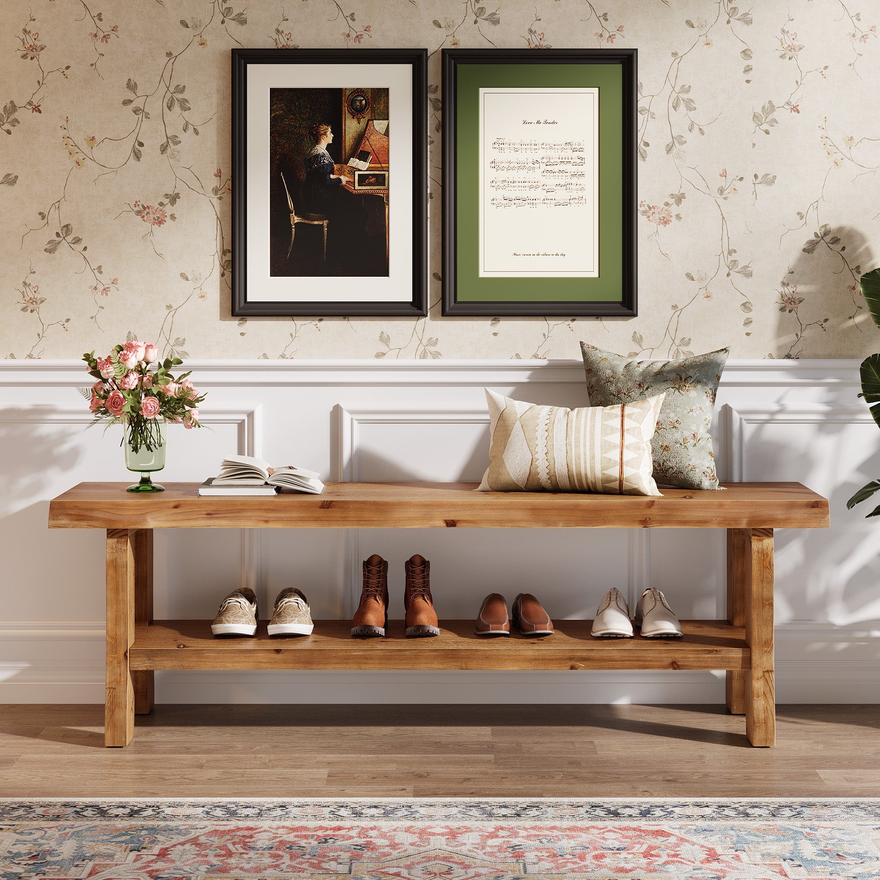 139.7cm Shoe Bench, Solid Wood Entryway Bench End of Bed Stool with Lower Shelf