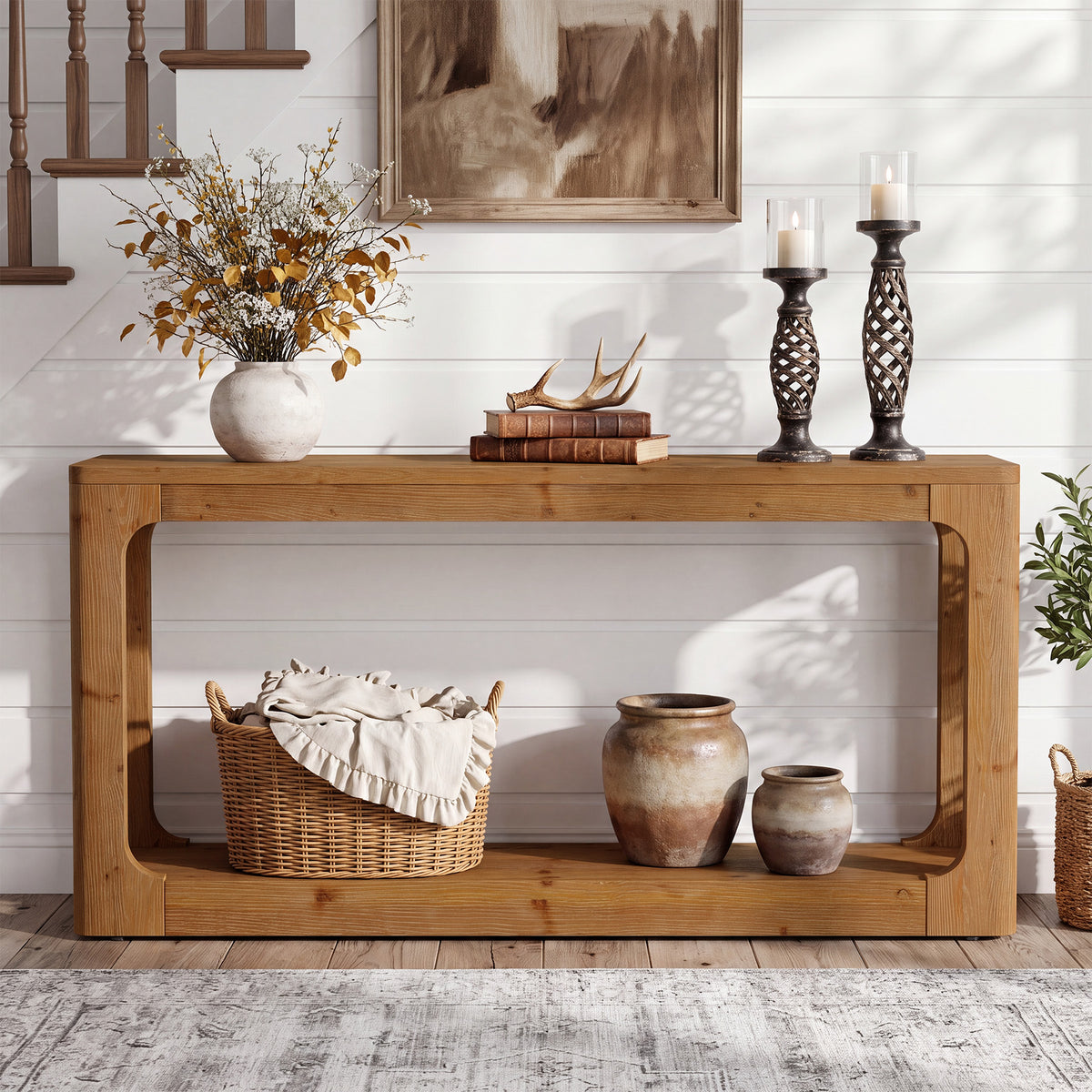 160cm Console Table, Rustic 2-Tier Solid Wood for Entryway Living Room