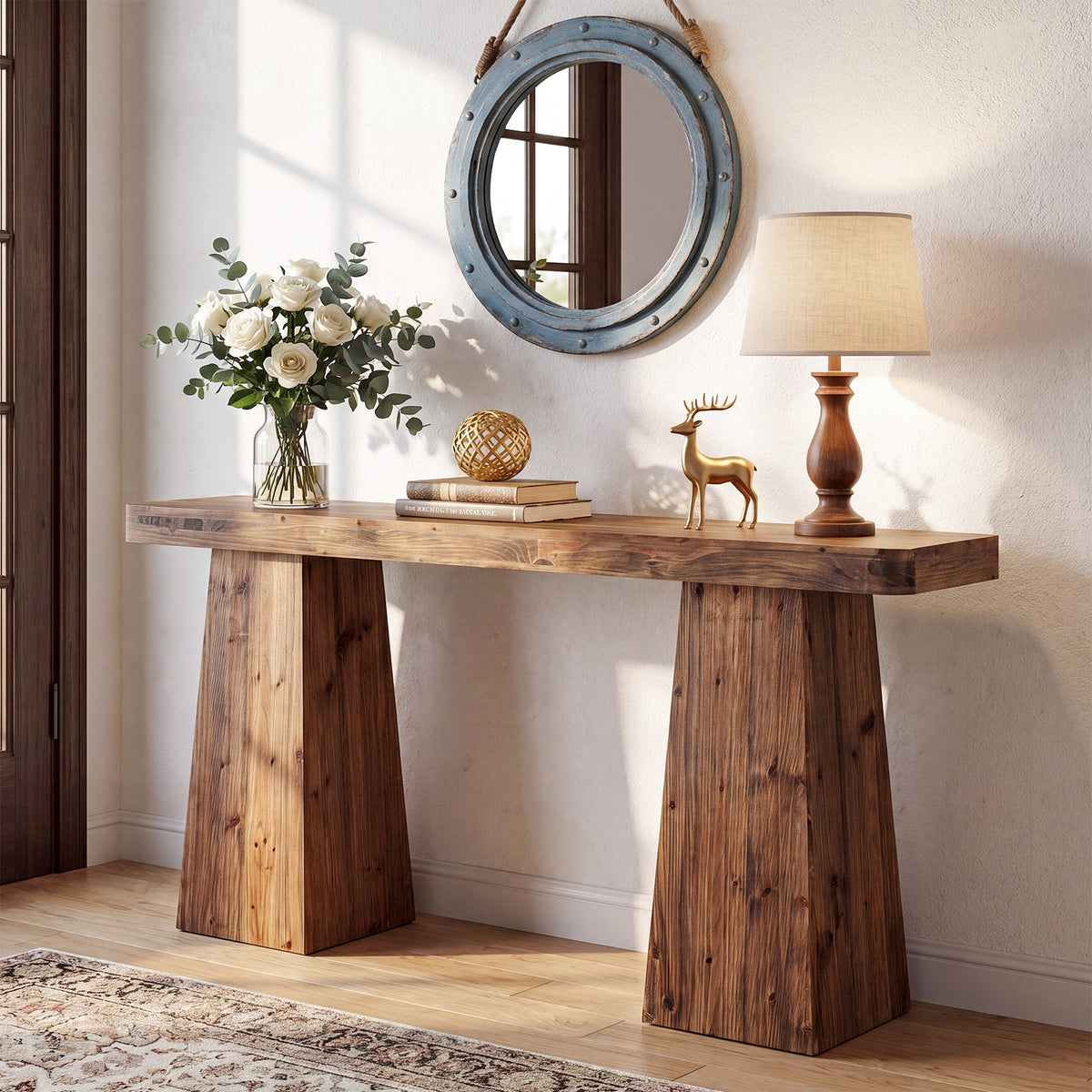 160cm Console Table, Solid Wood Narrow Sofa Table for Behind Couch