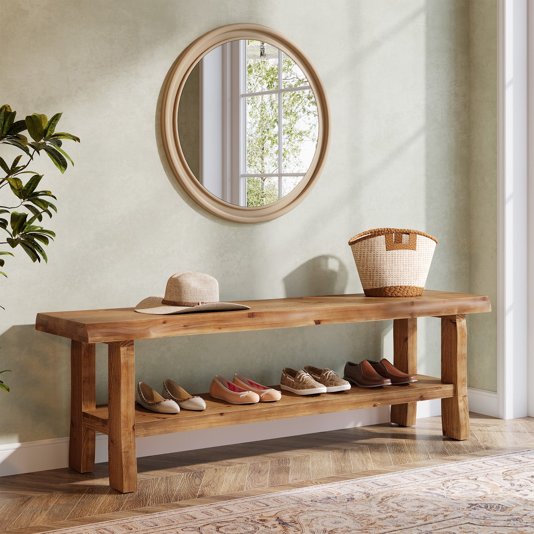 139.7cm Shoe Bench, Solid Wood Entryway Bench End of Bed Stool with Lower Shelf