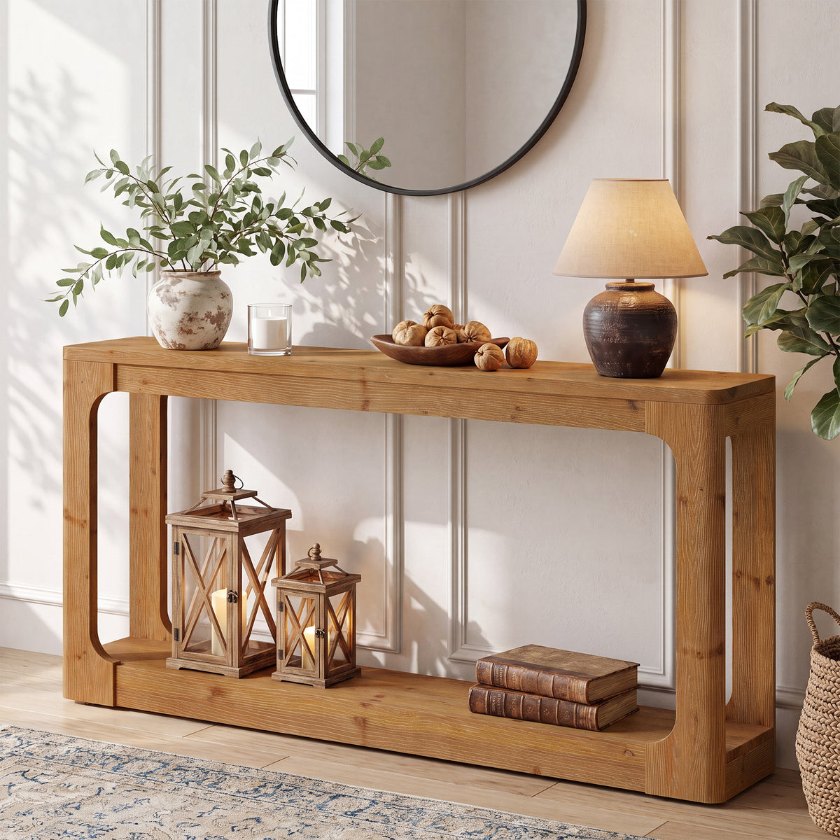 160cm Console Table, Rustic 2-Tier Solid Wood for Entryway Living Room