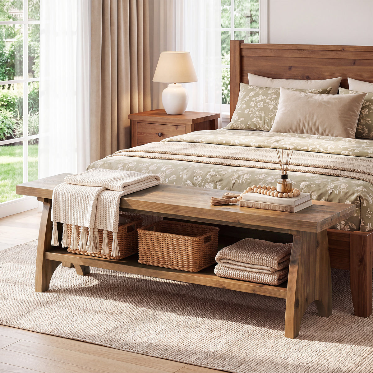140cm Entryway Bench, Farmhouse Solid Wood with Shoe Storage & Open Shelf
