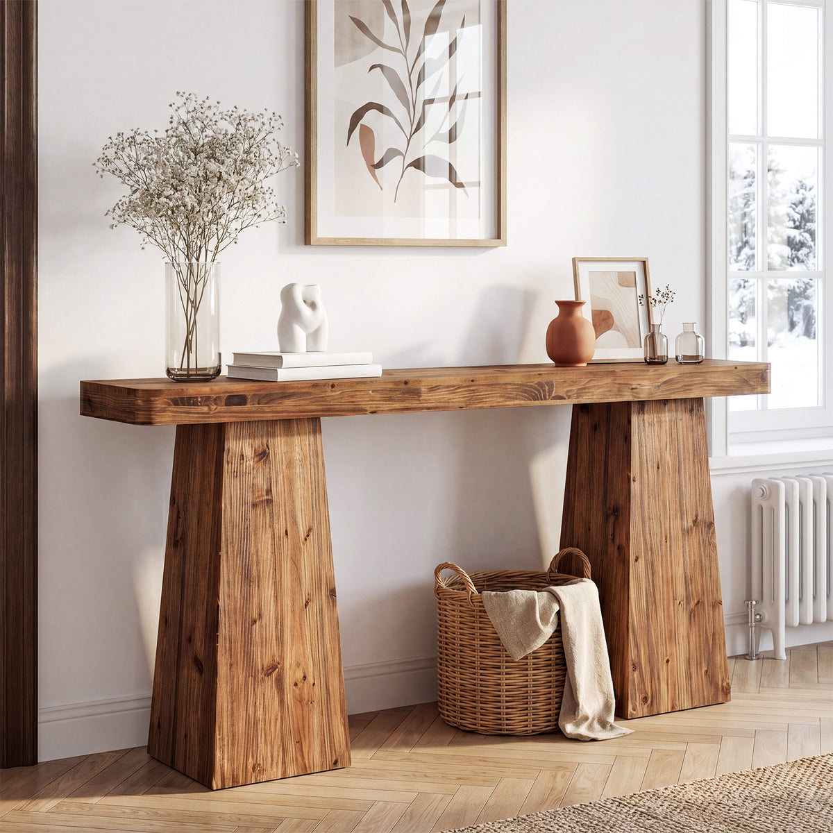 160cm Console Table, Solid Wood Narrow Sofa Table for Behind Couch