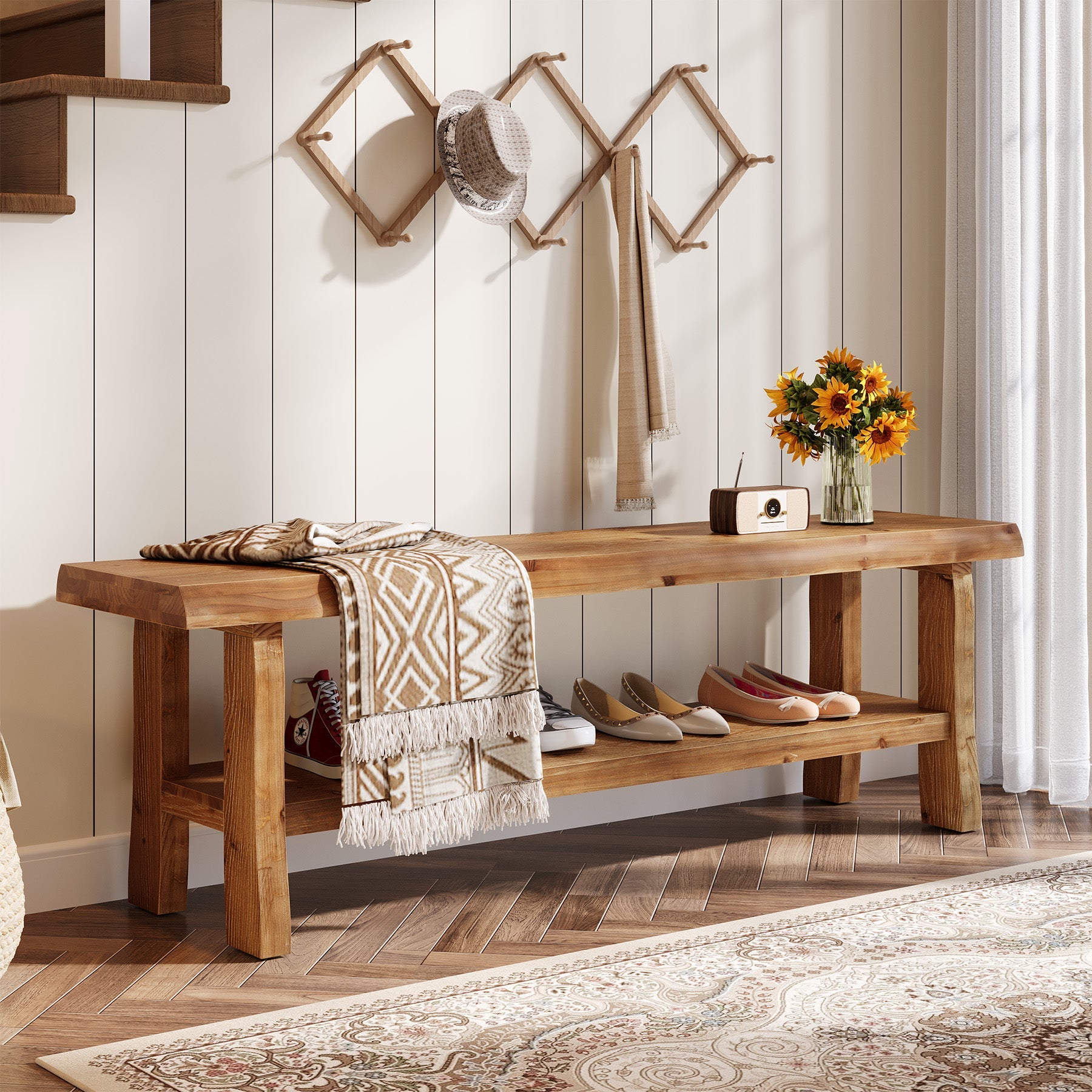 139.7cm Shoe Bench, Solid Wood Entryway Bench End of Bed Stool with Lower Shelf