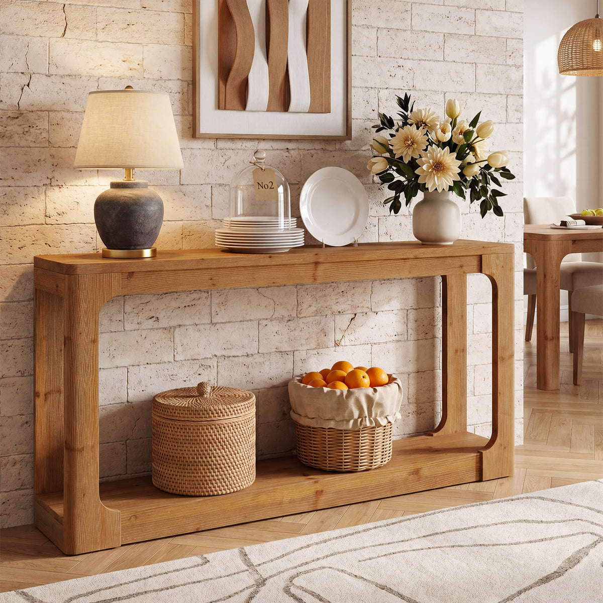 160cm Console Table, Rustic 2-Tier Solid Wood for Entryway Living Room