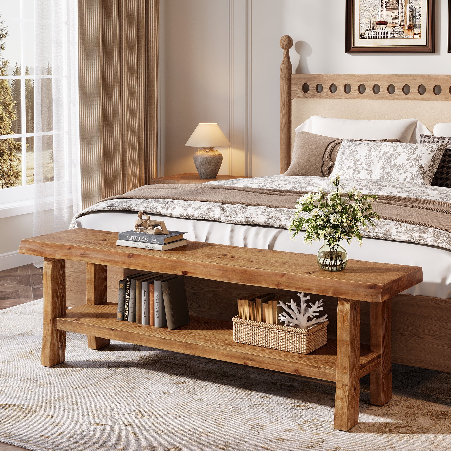 139.7cm Shoe Bench, Solid Wood Entryway Bench End of Bed Stool with Lower Shelf