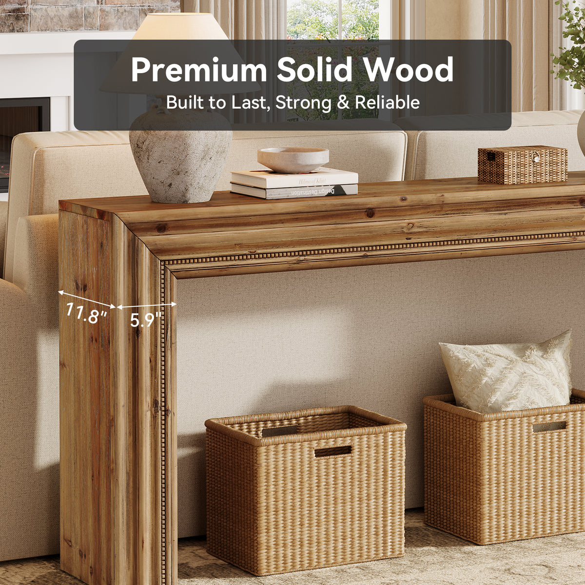 160cm Console Table, Rustic Solid Fir Wood for Entryway