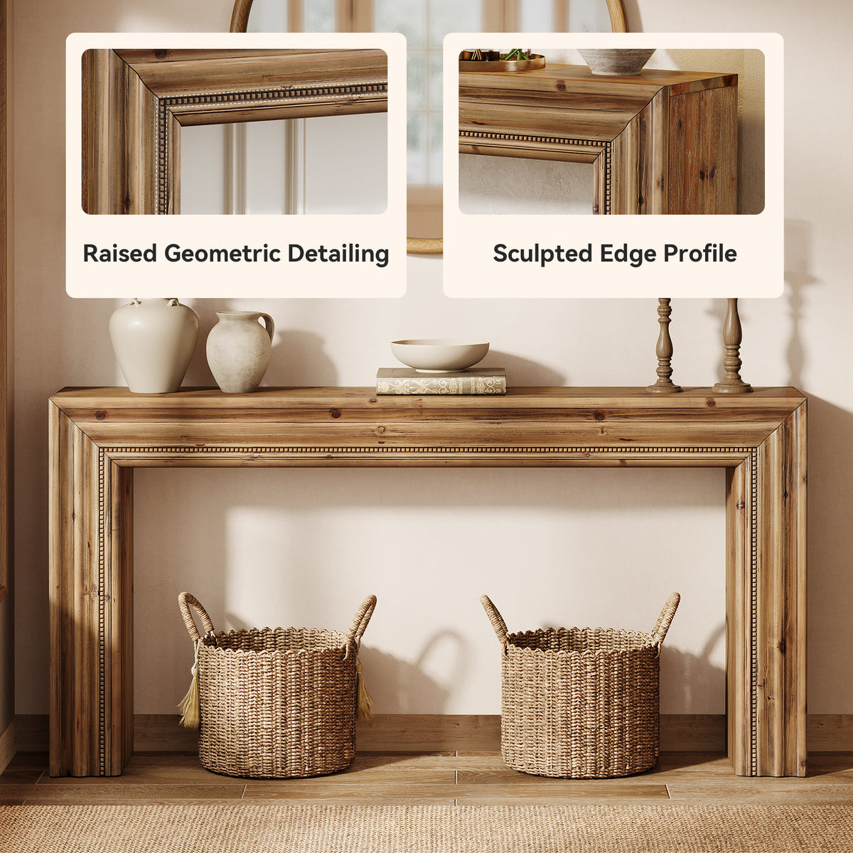 160cm Console Table, Rustic Solid Fir Wood for Entryway