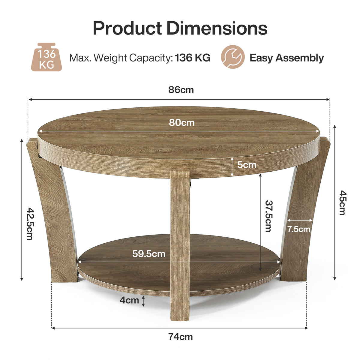 80cm Round Coffee Table, 2-Tier Wooden Storage Table