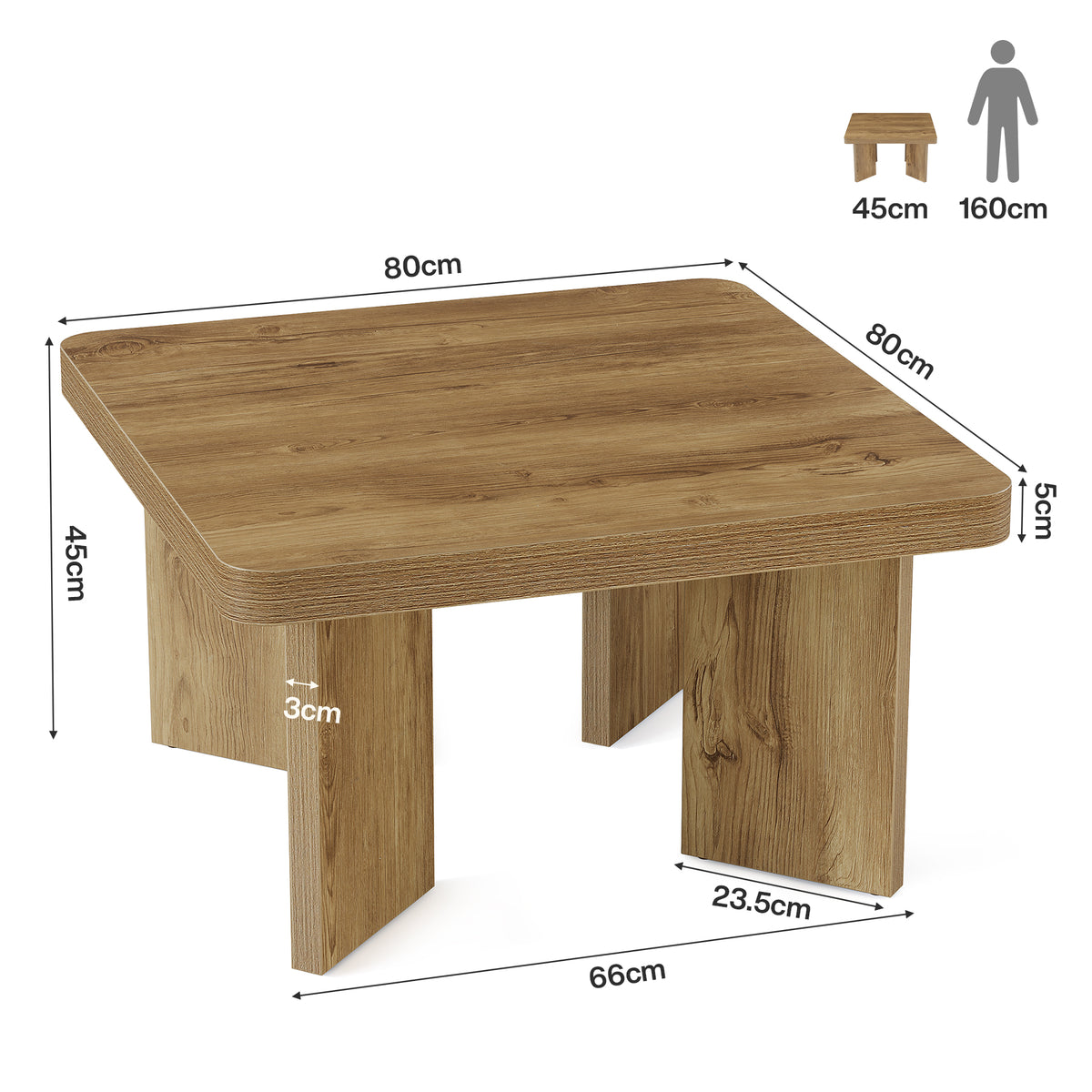 80cm Square Coffee Table, Rustic Small Living Room Table with Sturdy Top
