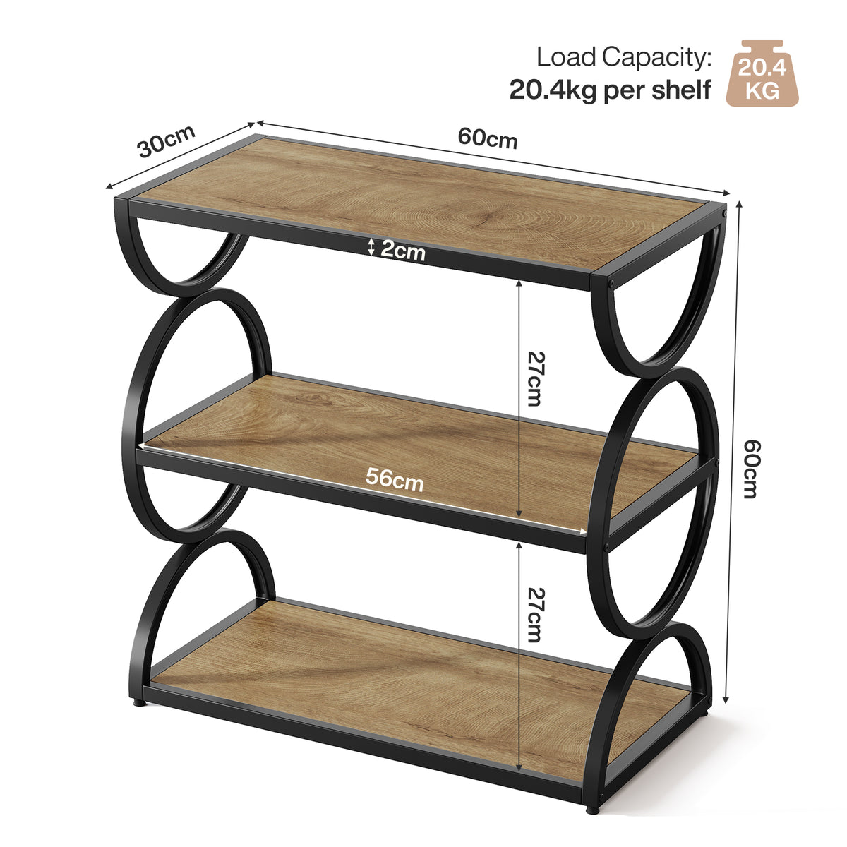 60cm Nightstand, 3-Tier Industrial Bedside Table with Circular Frame for Bedroom