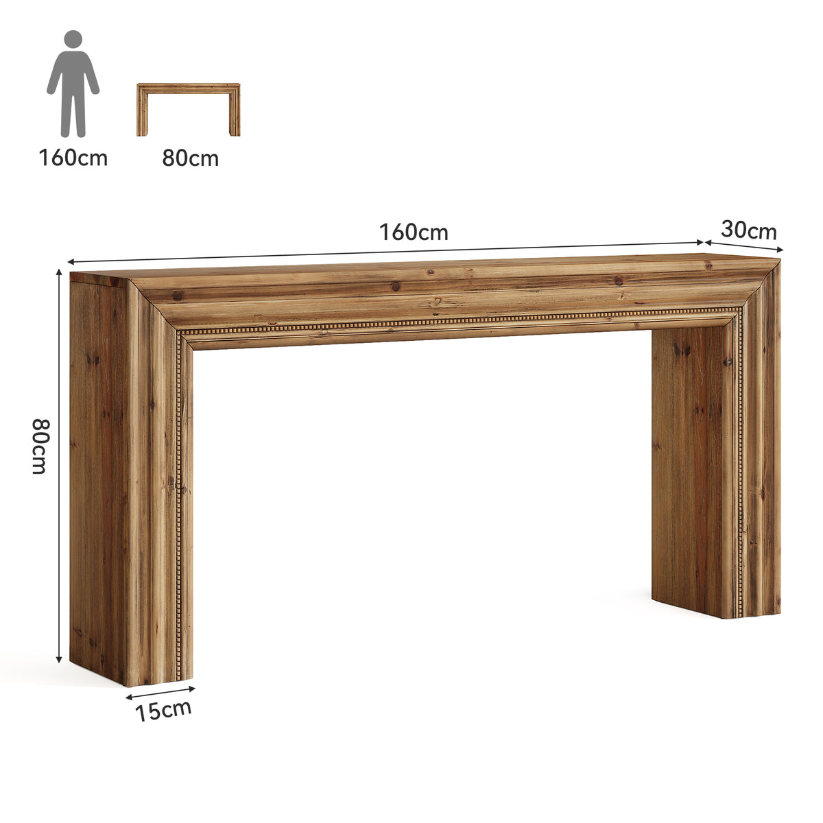 160cm Console Table, Rustic Solid Fir Wood for Entryway