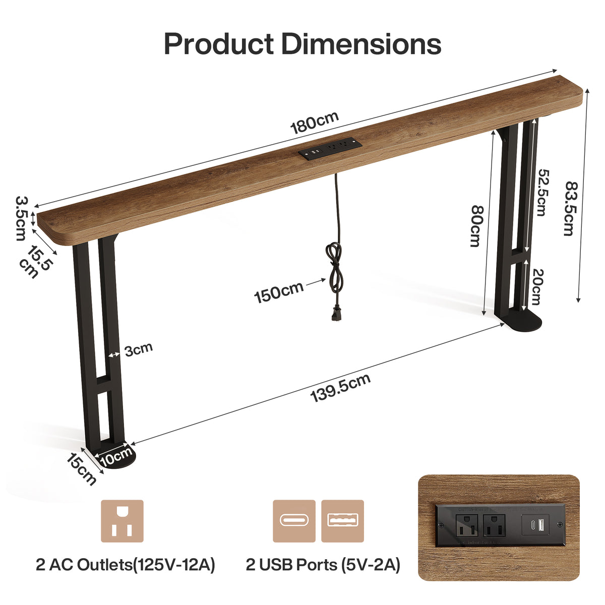 180cm Console Table, Skinny Sofa Table with Power Outlet for Living Room