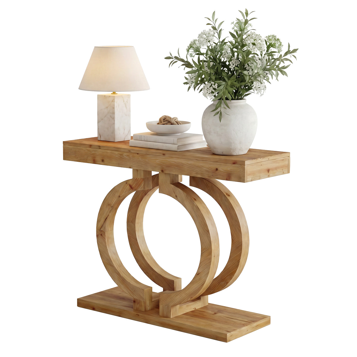 110cm Console Table, Solid Wood Entryway Sofa Table with Double-Circle Base
