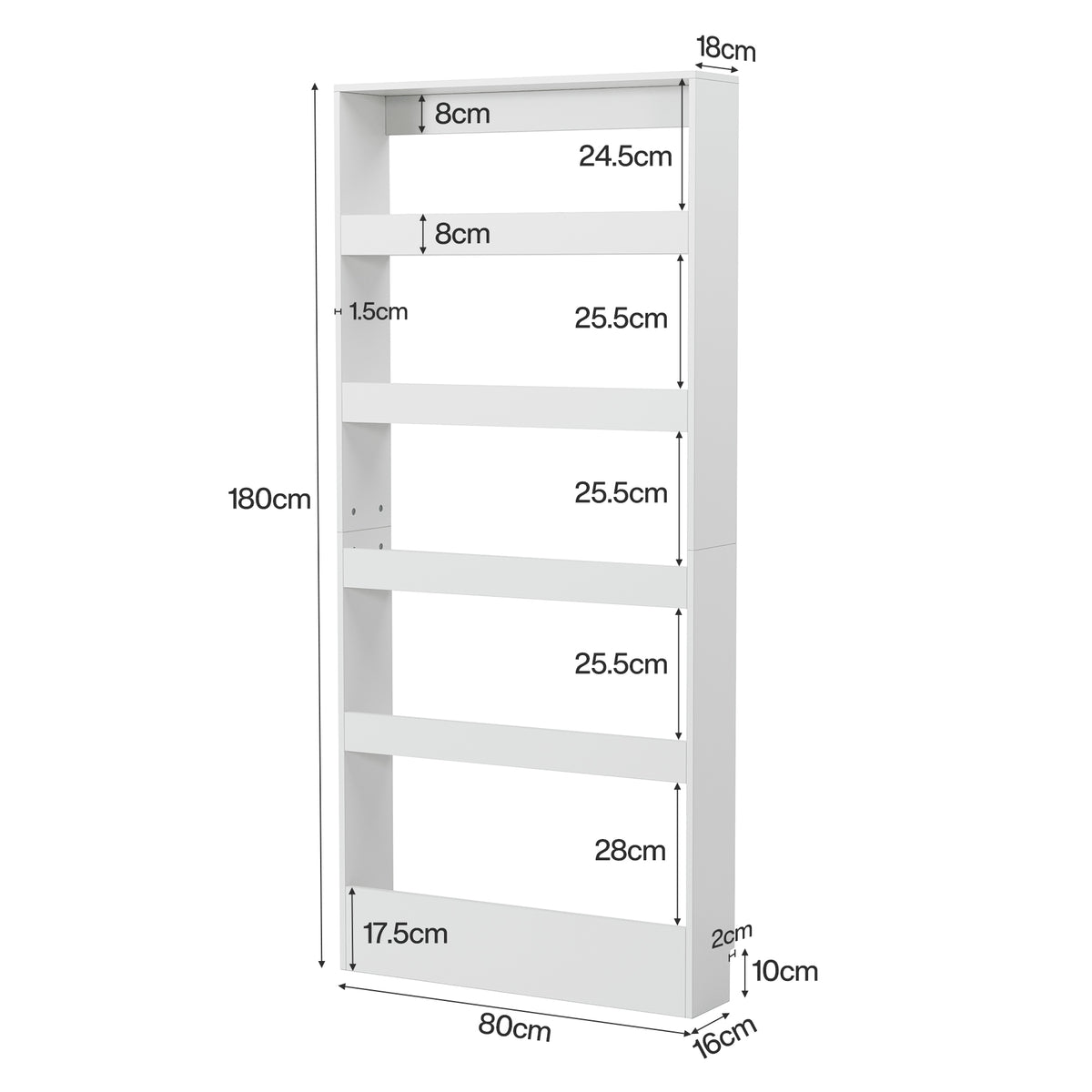 180cm Slim Bookshelf, 5-Tier Wall Mounted Bookcase Organizer for Living Room Kitchen