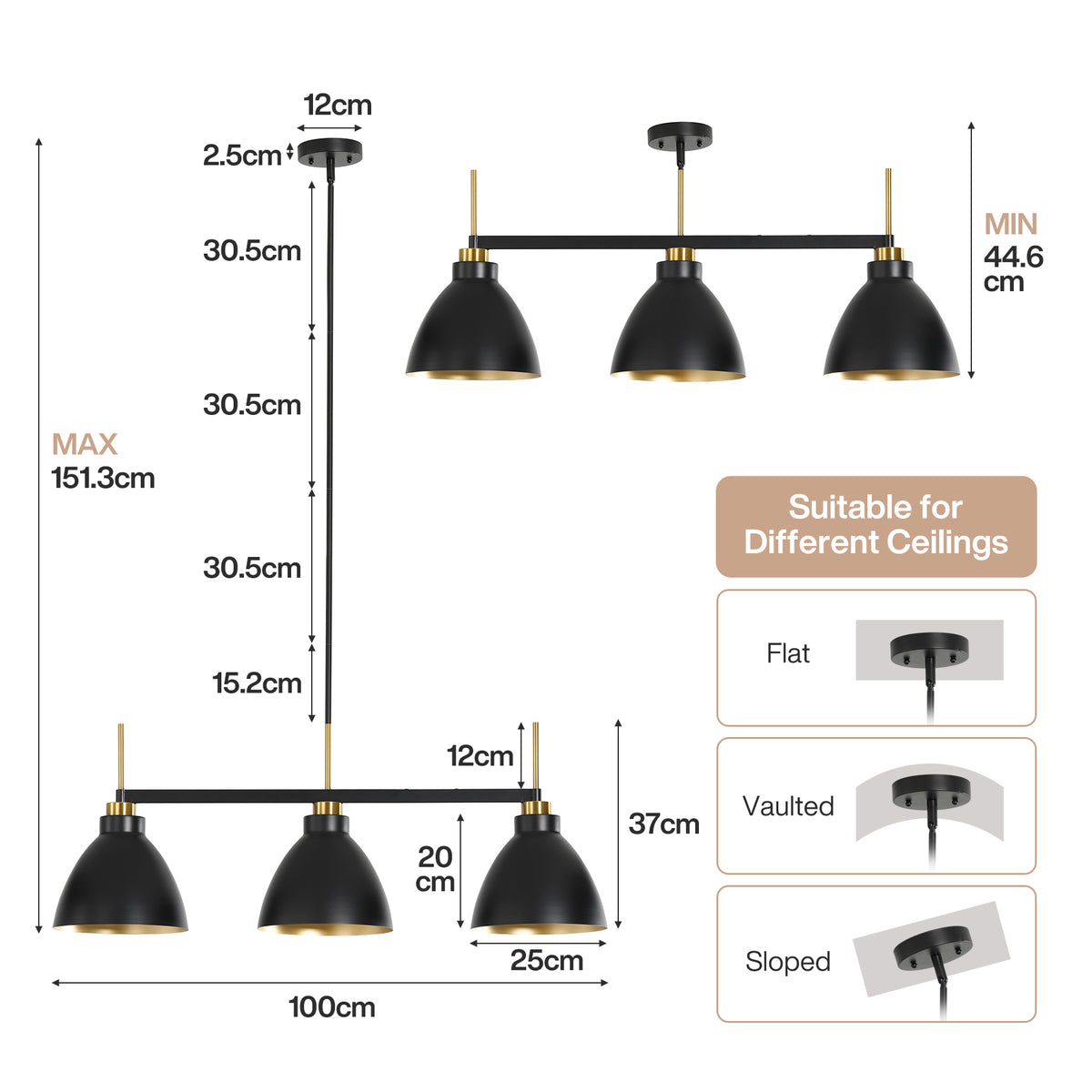 3-Light Modern Pendant Light, Black Industrial Chandelier