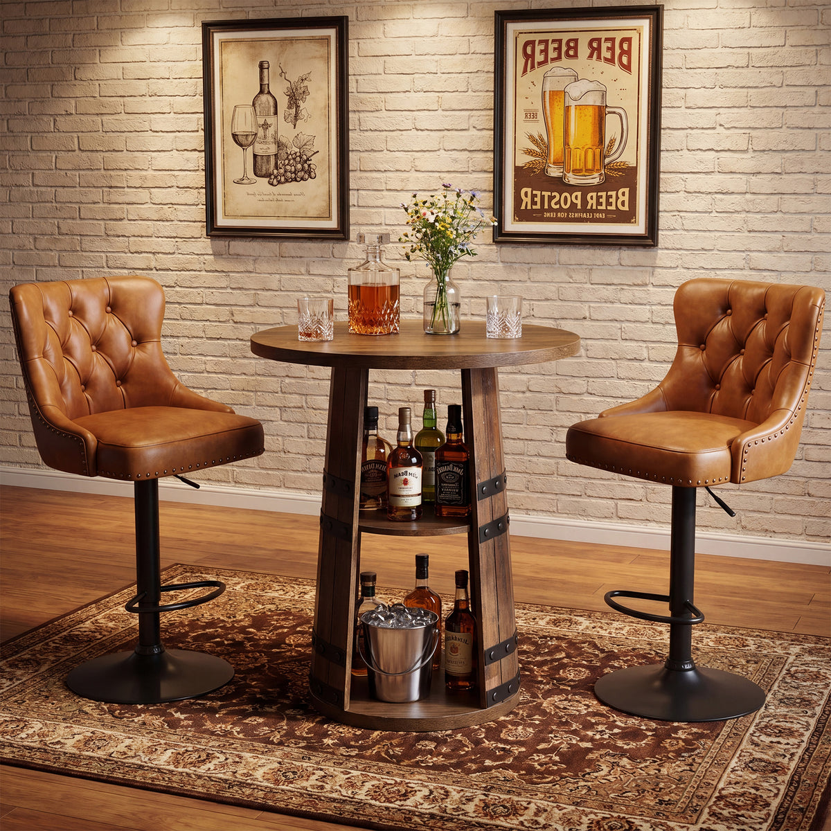 90cm Round Bar Table, 2-Tier Storage Rustic Pub Table for Home Bar Kitchen