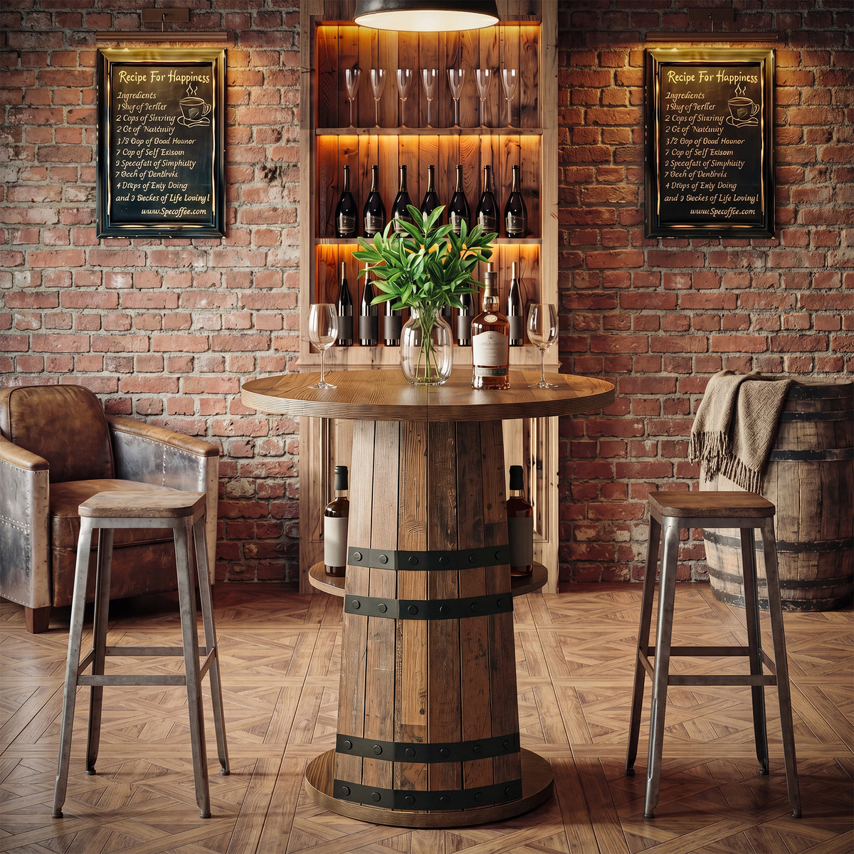 90cm Round Bar Table, 2-Tier Storage Rustic Pub Table for Home Bar Kitchen