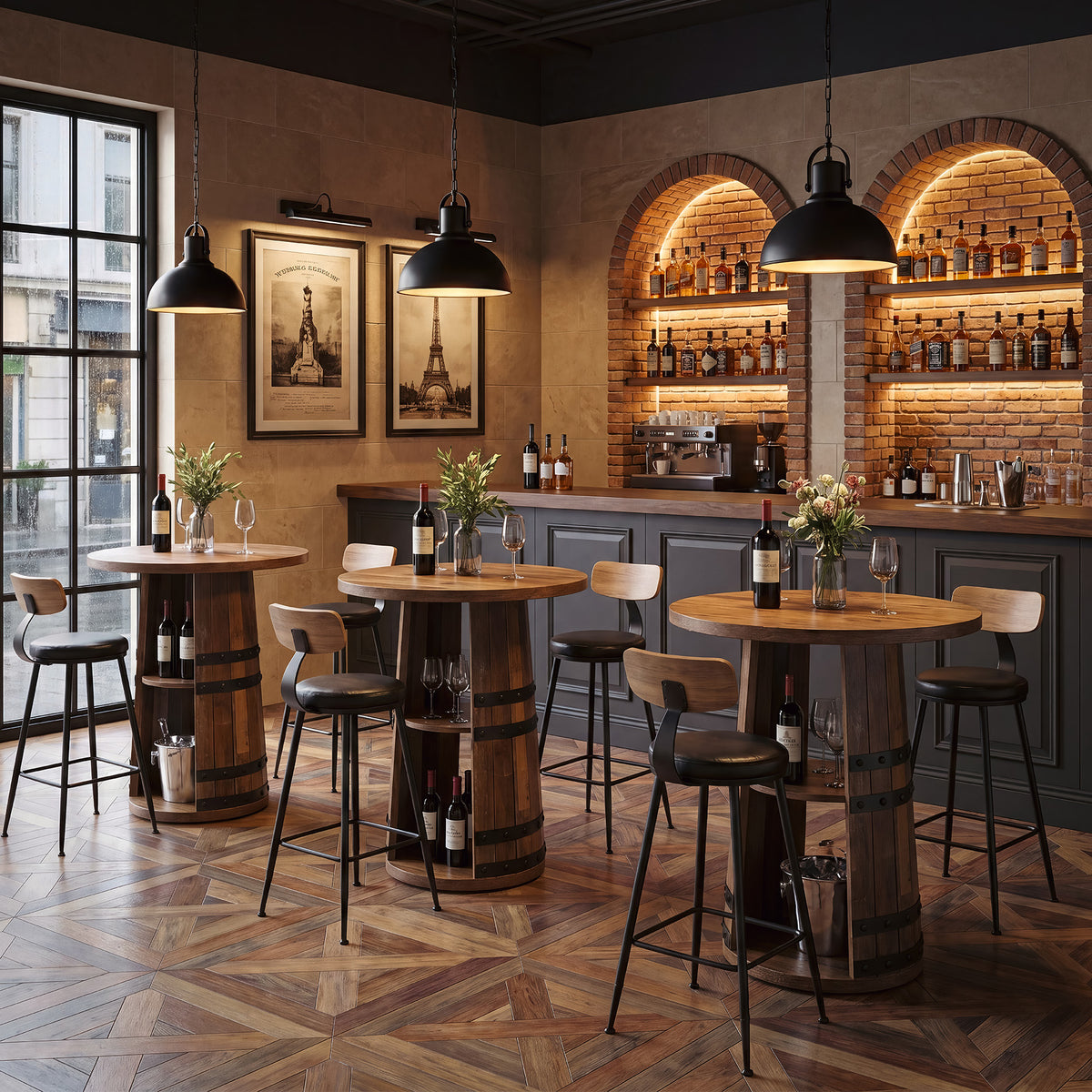 90cm Round Bar Table, 2-Tier Storage Rustic Pub Table for Home Bar Kitchen