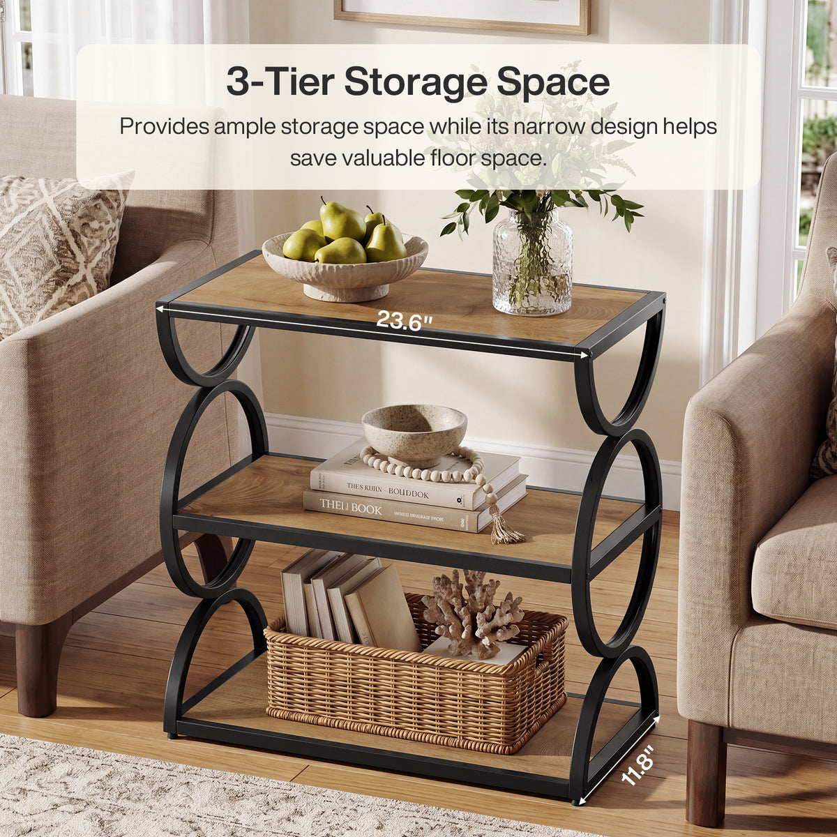 60cm Narrow Side Table, 3-Tier Industrial End Table with Circular Frame for Living Room