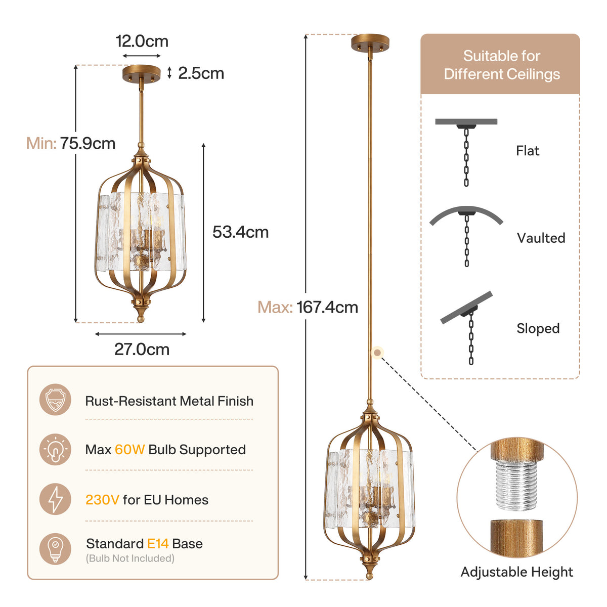 10.6" Gold Vintage Pendant Light, Lantern Chandelier