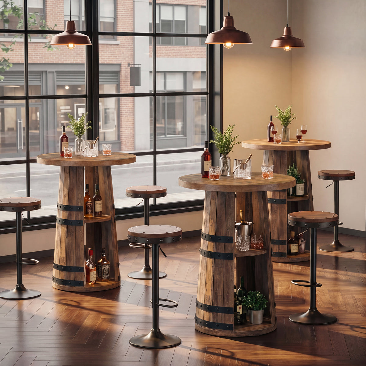 90cm Round Bar Table, 2-Tier Storage Rustic Pub Table for Home Bar Kitchen