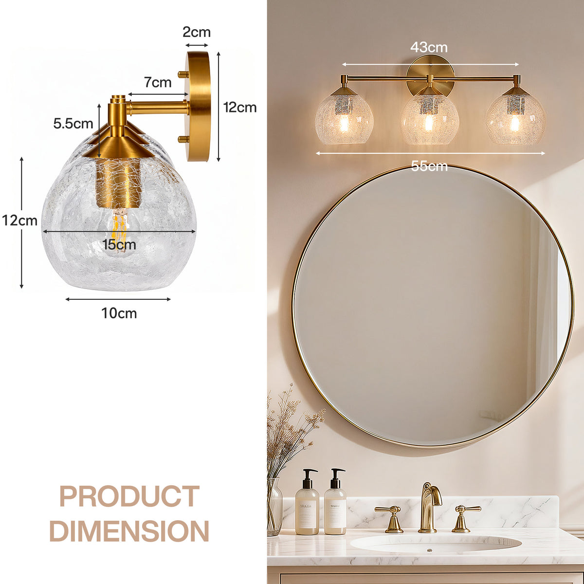 Tribesigns Gold-coloured 3-light bathroom wall light with crackled glass globes