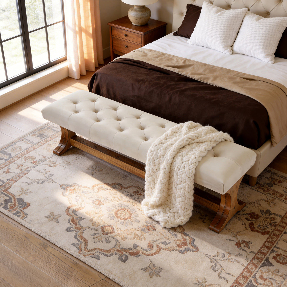 140cm End of Bed Bench, Tufted Upholstered Storage Bench for Bedroom
