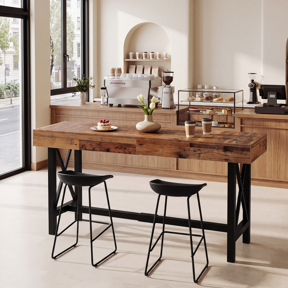 180cm Bar Table, Industrial Rectangular Pub Table with Metal Footrest